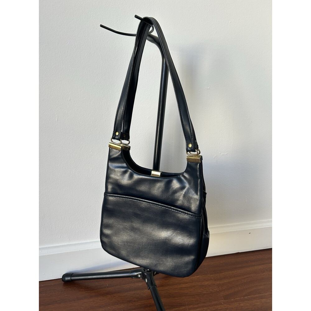 Navy Vintage Y2K Shoulder Bag w/ Kiss Lock Brass Key Ring Zipper Faux Leather